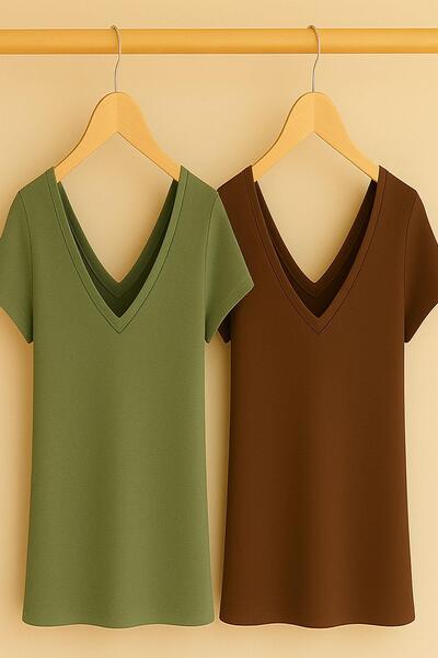 COTENCONCEPT 2 bucăți tricou de bază din bumbac cu decolteu în V în față și în spate