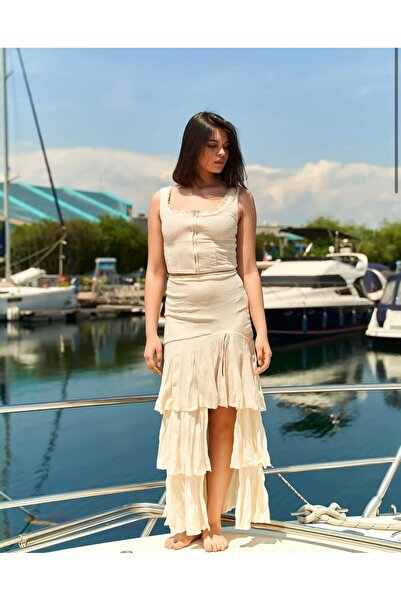 Meros Atelier Front Zipper Lace Blouse Ecru and Front Slit Lined Ruffle Skirt...