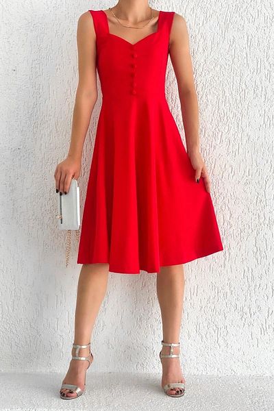 sharin Rochie de damă, cu bretele, roșie creponată, cu nasturi, evazată midi 14d-2103