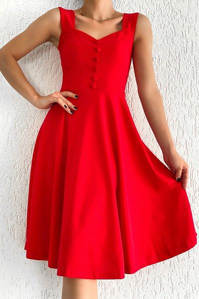 sharin Rochie de damă, cu bretele, roșie creponată, cu nasturi, evazată midi 14d-2103