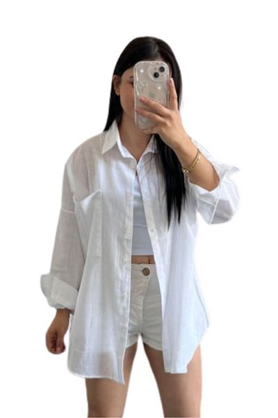 clavia Loose Fit, cu umăr jos, cămașă oversize cu aspect de in, cu detaliu de buzunar, albă