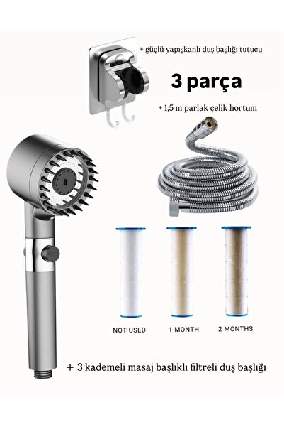 Bodhair 3 Fonksiyonlu Duş Başlığı Mafsal Ve 150cm Parlak Çelik Hortum Duş Seti