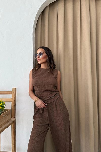 Aventien Seersucker Fabric Brown Blouse Trousers Set