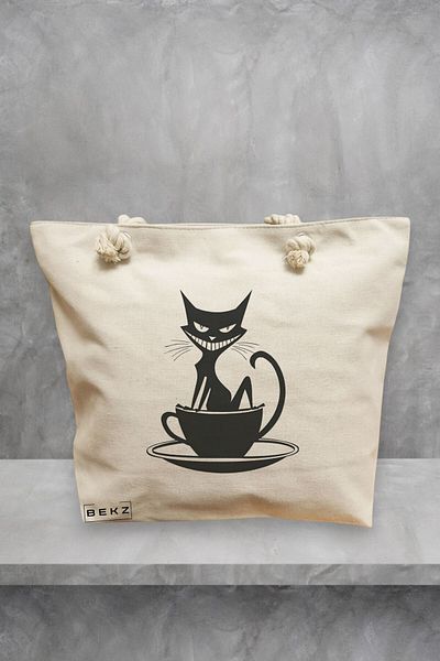 BEKZ Geanta de plaja, model Caffeine Cat 11, 40x51 cm, Crem, BEKZ®