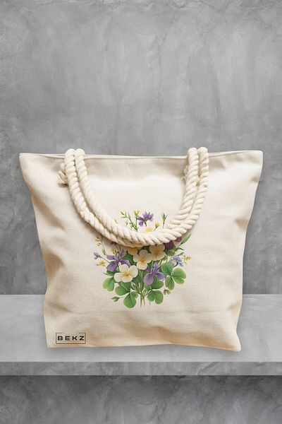 BEKZ Geanta de plaja, model Flowers 19, 40x51 cm, Crem, BEKZ®