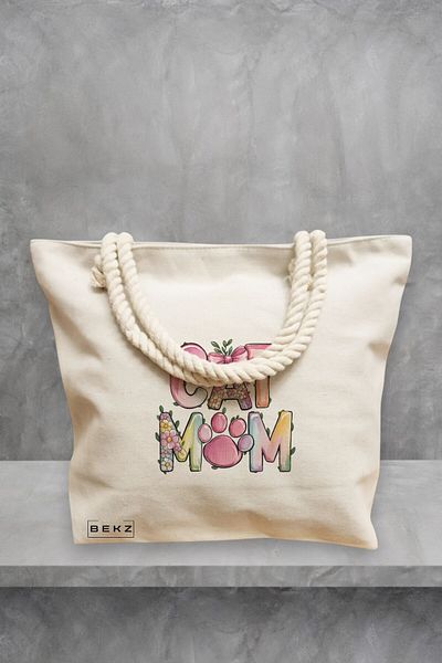 BEKZ Geanta de plaja, model Cat mom 2, 40x51 cm, Crem, BEKZ®