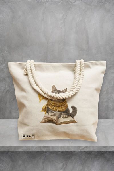 BEKZ Geanta de plaja, model Reading cat 5, 40x51 cm, Crem, BEKZ®