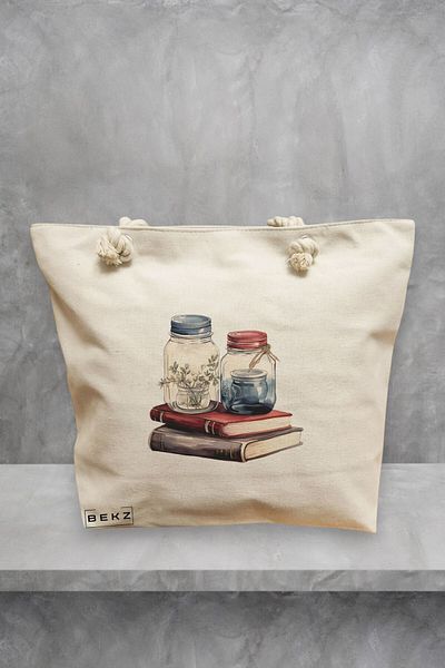 BEKZ Geanta de plaja, model Books and flowers 7, 40x51 cm, Crem, BEKZ®
