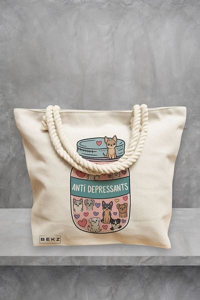BEKZ Geanta de plaja, model Anti Depresant Doggos, 40x51 cm, Crem, BEKZ®