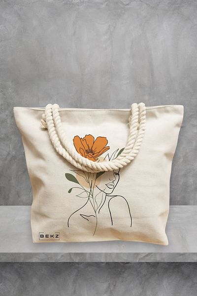 BEKZ Geanta de plaja, Flower Lady 1, 40x51 cm, Crem, BEKZ®