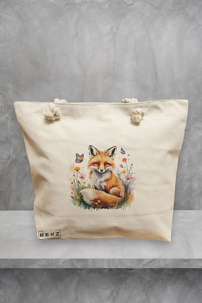 BEKZ Geanta de plaja, model Foxy and flowers, 40x51 cm, Crem, BEKZ®