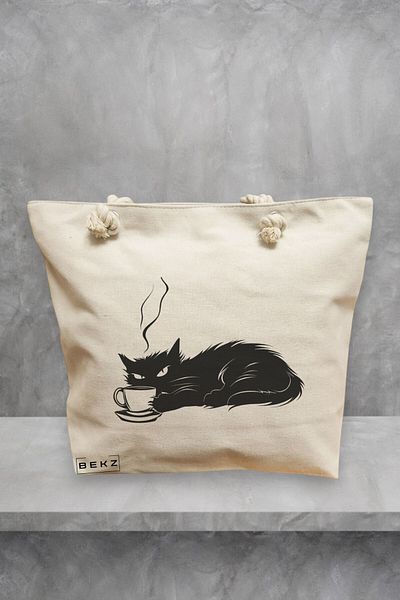 BEKZ Geanta de plaja, model Caffeine Cat 21, 40x51 cm, Crem, BEKZ®