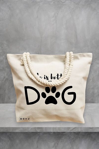 BEKZ Geanta de plaja, model Life is better with a doggo, 40x51 cm, Crem, BEKZ®