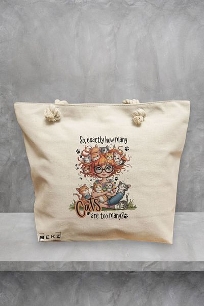 BEKZ Geanta de plaja, model So Exactly how many Cats are too many?, 40x51 cm, Crem, BEKZ®