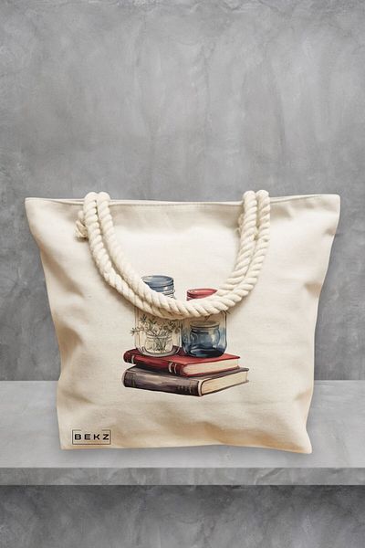 BEKZ Geanta de plaja, model Books and flowers 7, 40x51 cm, Crem, BEKZ®