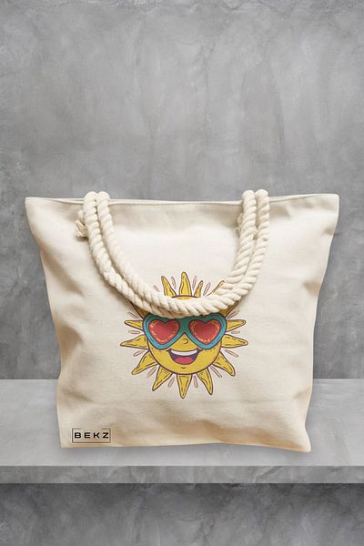BEKZ Geanta de plaja, model Sun faces 15, 40x51 cm, Crem, BEKZ®
