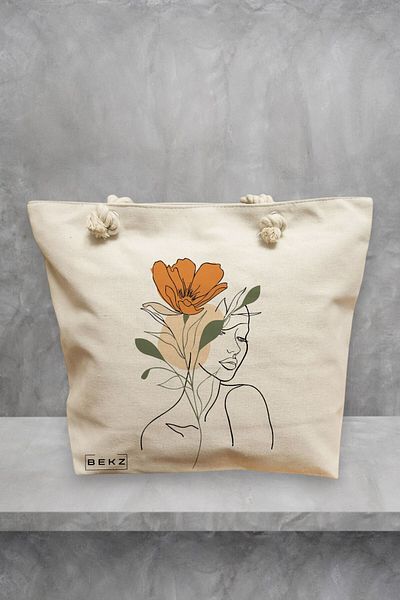 BEKZ Geanta de plaja, Flower Lady 1, 40x51 cm, Crem, BEKZ®