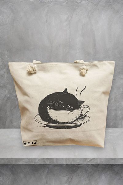 BEKZ Geanta de plaja, model Caffeine Cat 23, 40x51 cm, Crem, BEKZ®