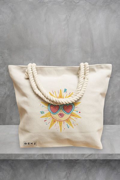 BEKZ Geanta de plaja, model Sun faces 23, 40x51 cm, Crem, BEKZ®