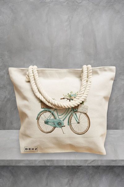 BEKZ Geanta de plaja, model The blue bicycle and flowers, 40x51 cm, Crem, BEKZ®