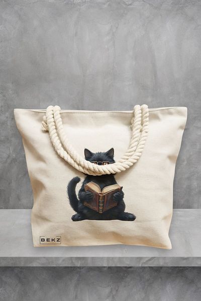 BEKZ Geanta de plaja, model Reading cat 10, 40x51 cm, Crem, BEKZ®