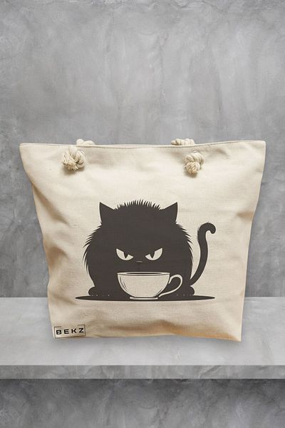 BEKZ Geanta de plaja, model Caffeine Cat 27, 40x51 cm, Crem, BEKZ®