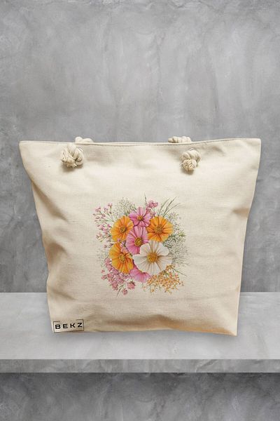 BEKZ Geanta de plaja, model Flowers 16, 40x51 cm, Crem, BEKZ®