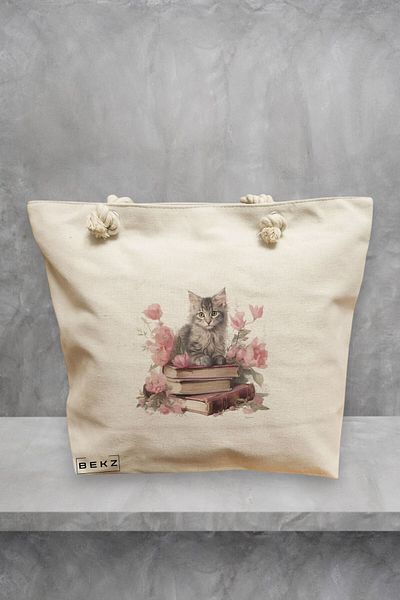 BEKZ Geanta de plaja, model Reading cat 12, 40x51 cm, Crem, BEKZ®