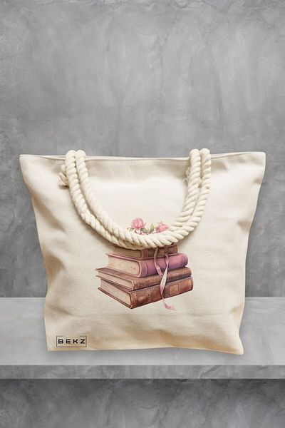 BEKZ Geanta de plaja, model Books and flowers 6, 40x51 cm, Crem, BEKZ®