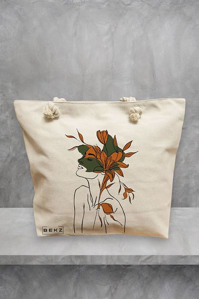 BEKZ Geanta de plaja, Flower Lady 6, 40x51 cm, Crem, BEKZ®