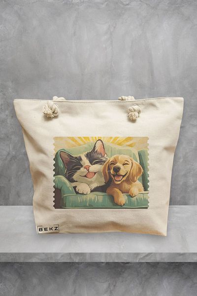 BEKZ Geanta de plaja, model Best Friends Cat and Doggo, 40x51 cm, Crem, BEKZ®