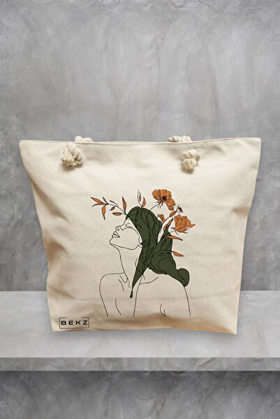 BEKZ Geanta de plaja, Flower Lady 14, 40x51 cm, Crem, BEKZ®