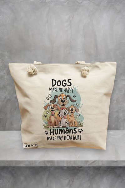 BEKZ Geanta de plaja, model Dogs make me happy Humans mae my head hurt, 40x51 cm, Crem, BEKZ®