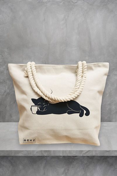 BEKZ Geanta de plaja, model Caffeine Cat 20, 40x51 cm, Crem, BEKZ®