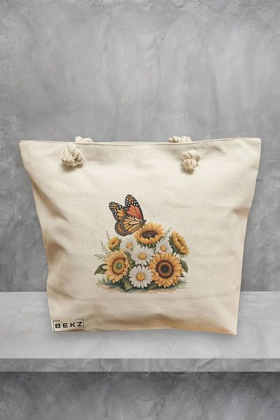 BEKZ Geanta de plaja, model Sunflowers, 40x51 cm, Crem, BEKZ®