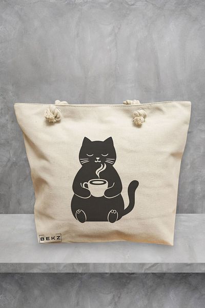 BEKZ Geanta de plaja, model Caffeine Cat 9, 40x51 cm, Crem, BEKZ®