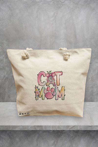 BEKZ Geanta de plaja, model Cat mom 2, 40x51 cm, Crem, BEKZ®
