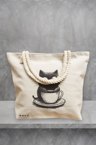 BEKZ Geanta de plaja, model Caffeine Cat 12, 40x51 cm, Crem, BEKZ®
