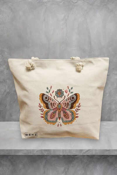 BEKZ Geanta de plaja Flower Butterfly, 40x51 cm, Crem, BEKZ®