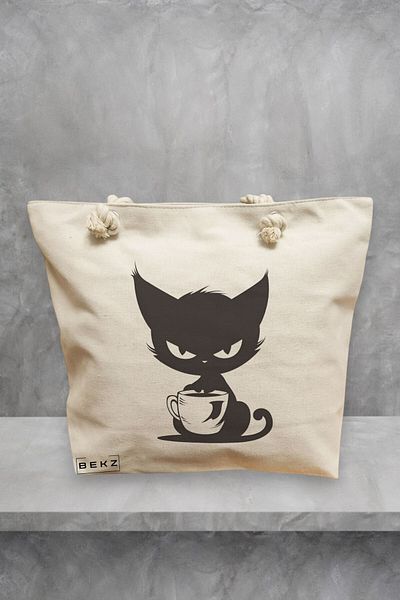 BEKZ Geanta de plaja, model Caffeine Cat 26, 40x51 cm, Crem, BEKZ®