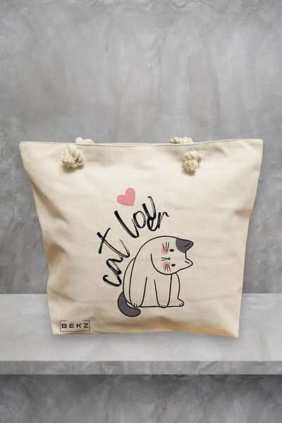 BEKZ Geanta de plaja, model Cat Lover, 40x51 cm, Crem, BEKZ®