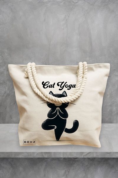 BEKZ Geanta de plaja Yoga Cat, 40x51 cm, Crem, BEKZ®