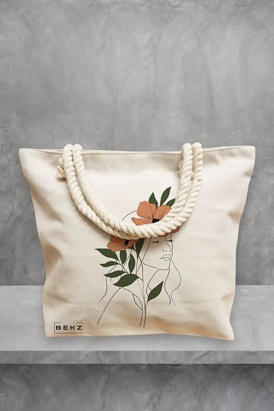BEKZ Geanta de plaja, Flower Lady 18, 40x51 cm, Crem, BEKZ®