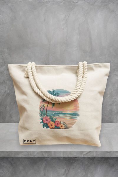 BEKZ Geanta de plaja, model Tropical Sunset 5, 40x51 cm, Crem, BEKZ®