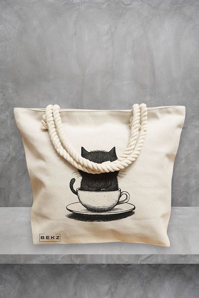 BEKZ Geanta de plaja, model Caffeine Cat 10, 40x51 cm, Crem, BEKZ®