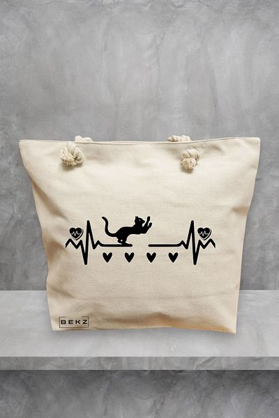 BEKZ Geanta de plaja, model Cat Love 2, 40x51 cm, Crem, BEKZ®