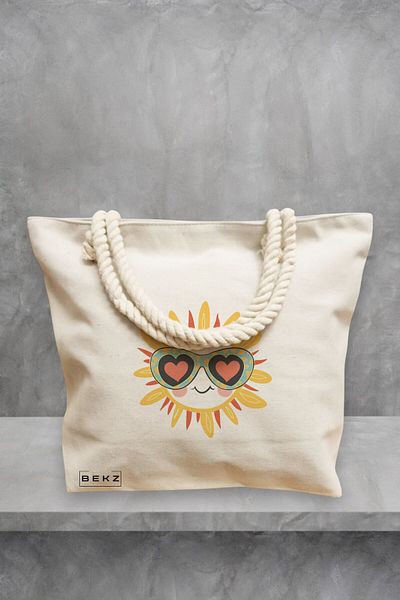 BEKZ Geanta de plaja, model Sun faces 12, 40x51 cm, Crem, BEKZ®