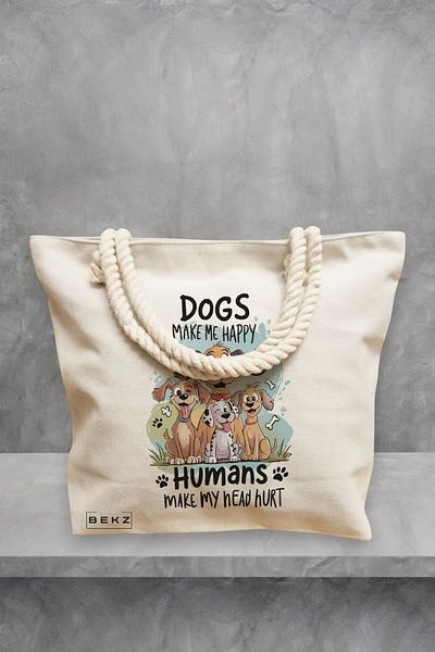 BEKZ Geanta de plaja, model Dogs make me happy Humans mae my head hurt, 40x51 cm, Crem, BEKZ®