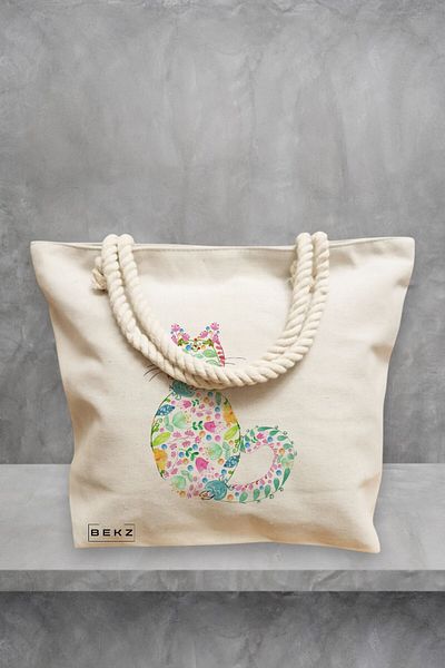 BEKZ Geanta de plaja, model Floral Cat, 40x51 cm, Crem, BEKZ®