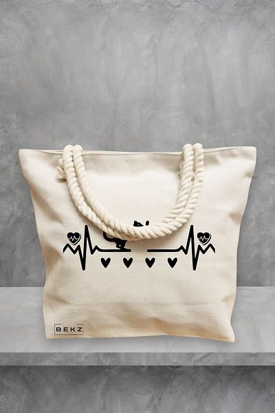 BEKZ Geanta de plaja, model Cat Love 2, 40x51 cm, Crem, BEKZ®